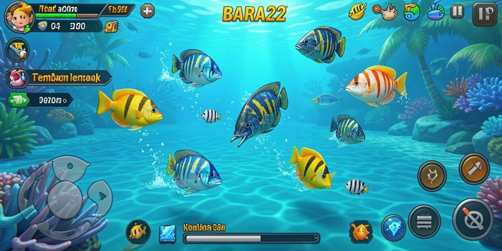Screenshot gameplay seru BARA22 menampilkan aksi menembak ikan.