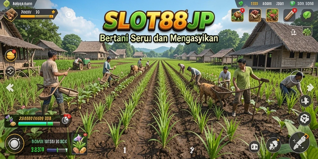 Tangkapan layar dari gameplay SLOT88JP yang menampilkan lahan pertanian yang luas.