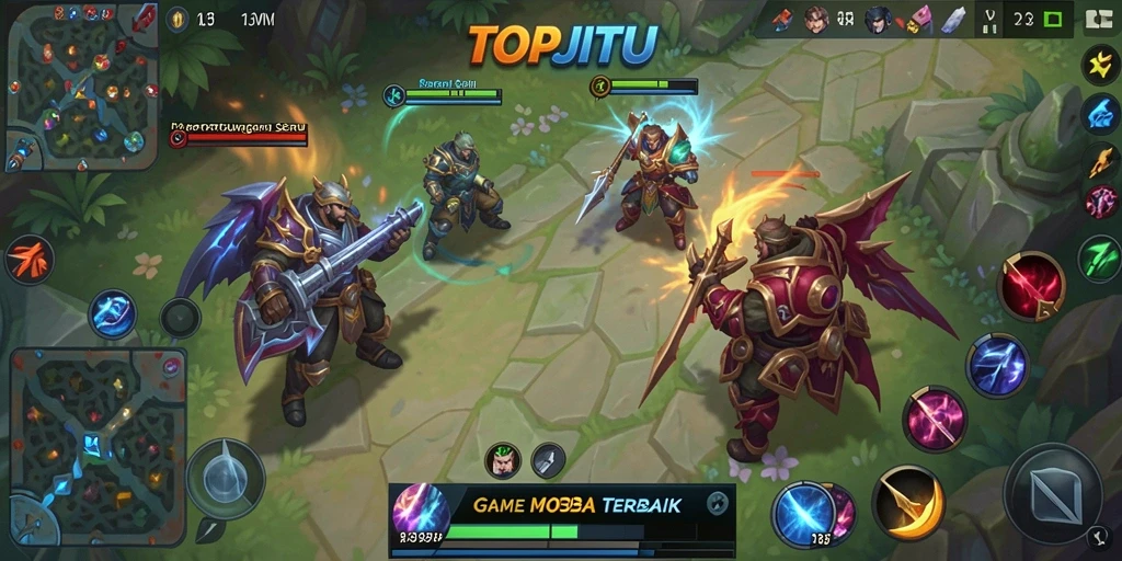 Screenshot gameplay TOPJITU menampilkan pertarungan epik dalam arena MOBA.